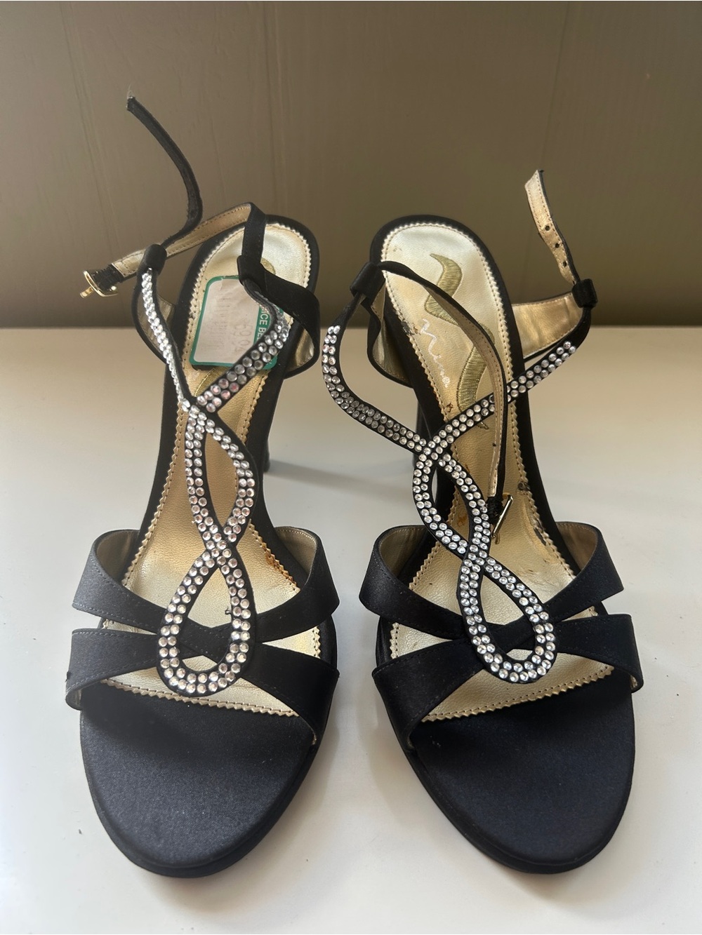 Black Rhinestone T-Strap Evening Sandals - Women